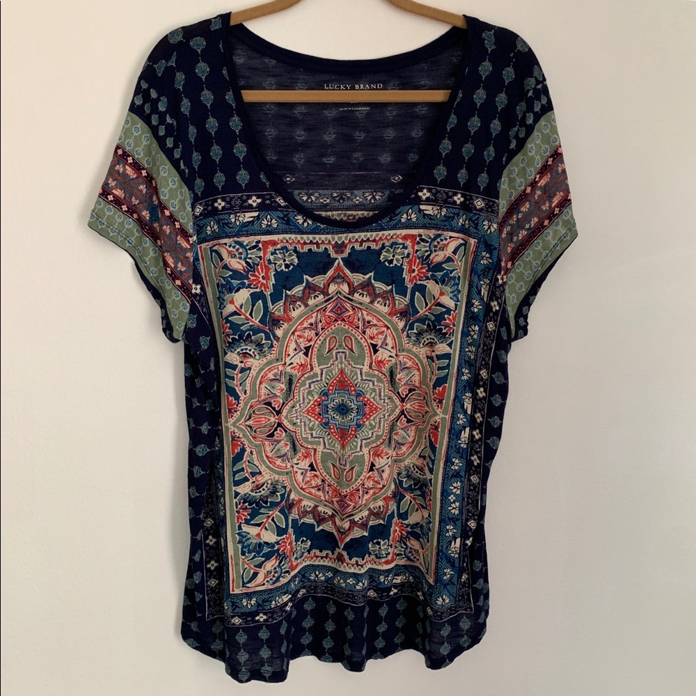 Lucky Brand Navy Persian Rug Boho T Shirt Top 2X